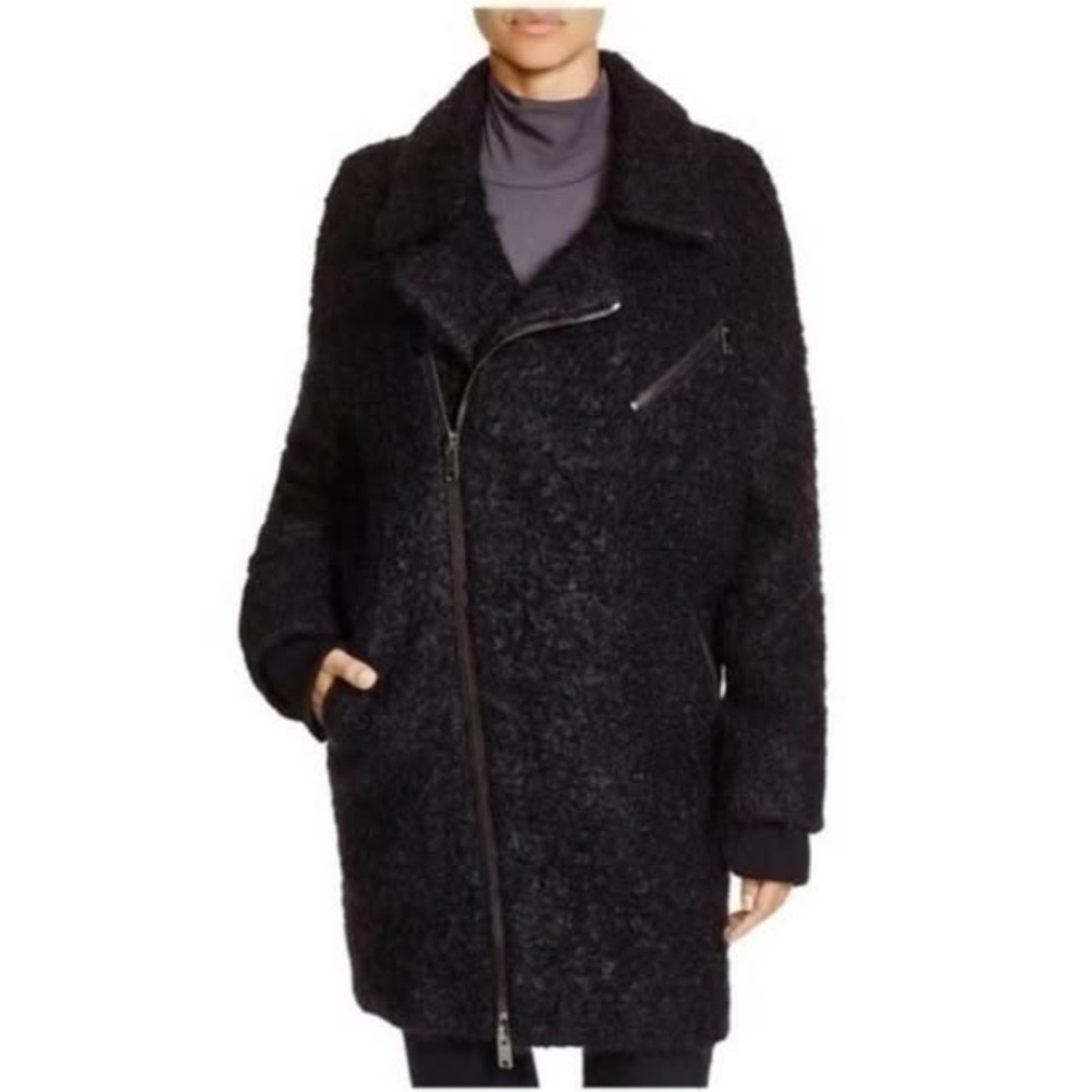Designer luxury oversized boucle teddy moto coat jacket small medium DKNY NYC
